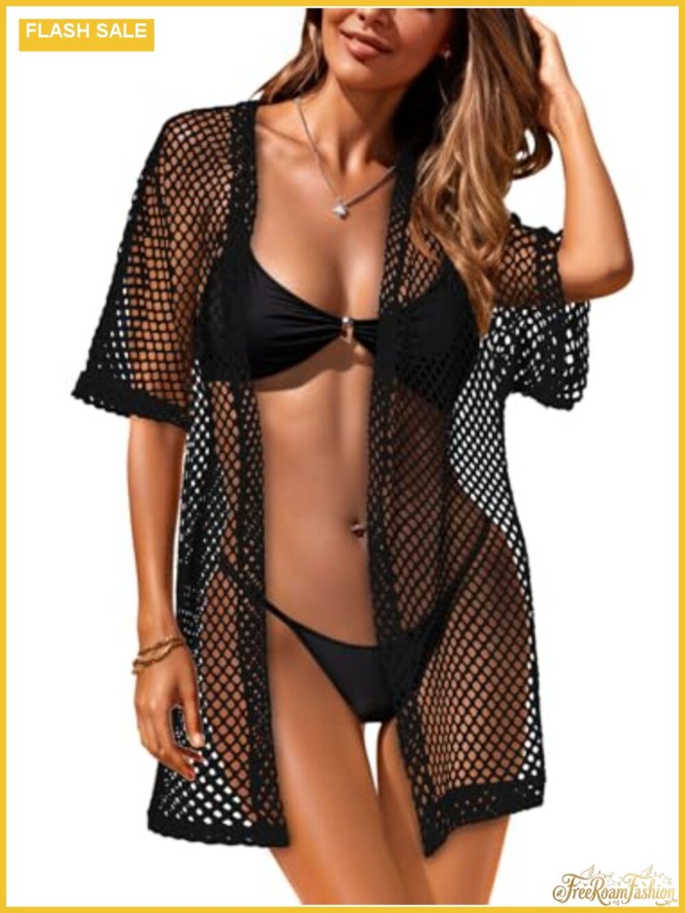 Crochet Swim Coverup Kimono Cardigan Short Sleeve Women Bathing Suit Cover Up